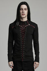 Black/Red Long Sleeves Stitching Lace-Up Ripped Men's Punk Blouse